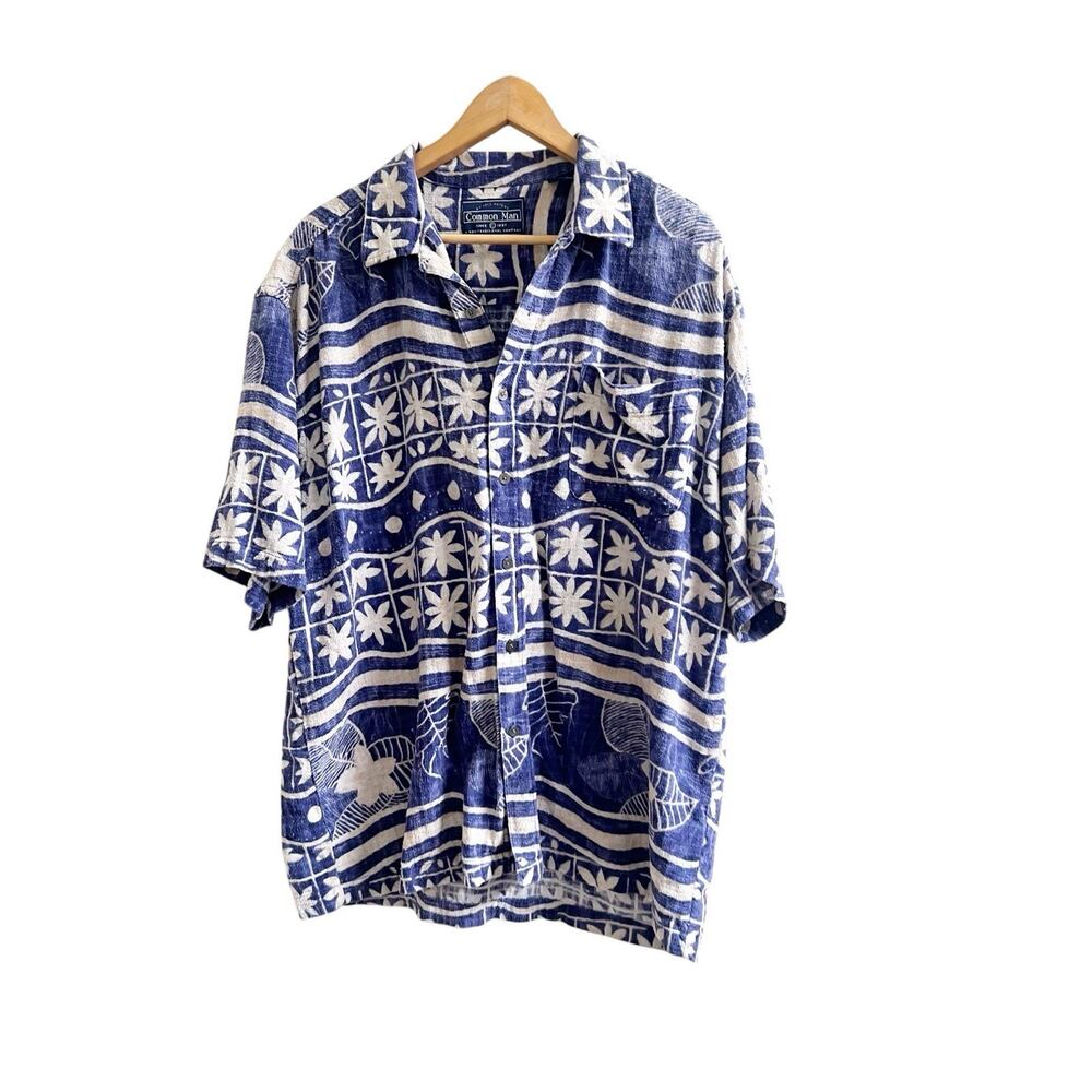 Common Man 100% Collared Silk Hawaiian Shirt Blue Tan Size XL
